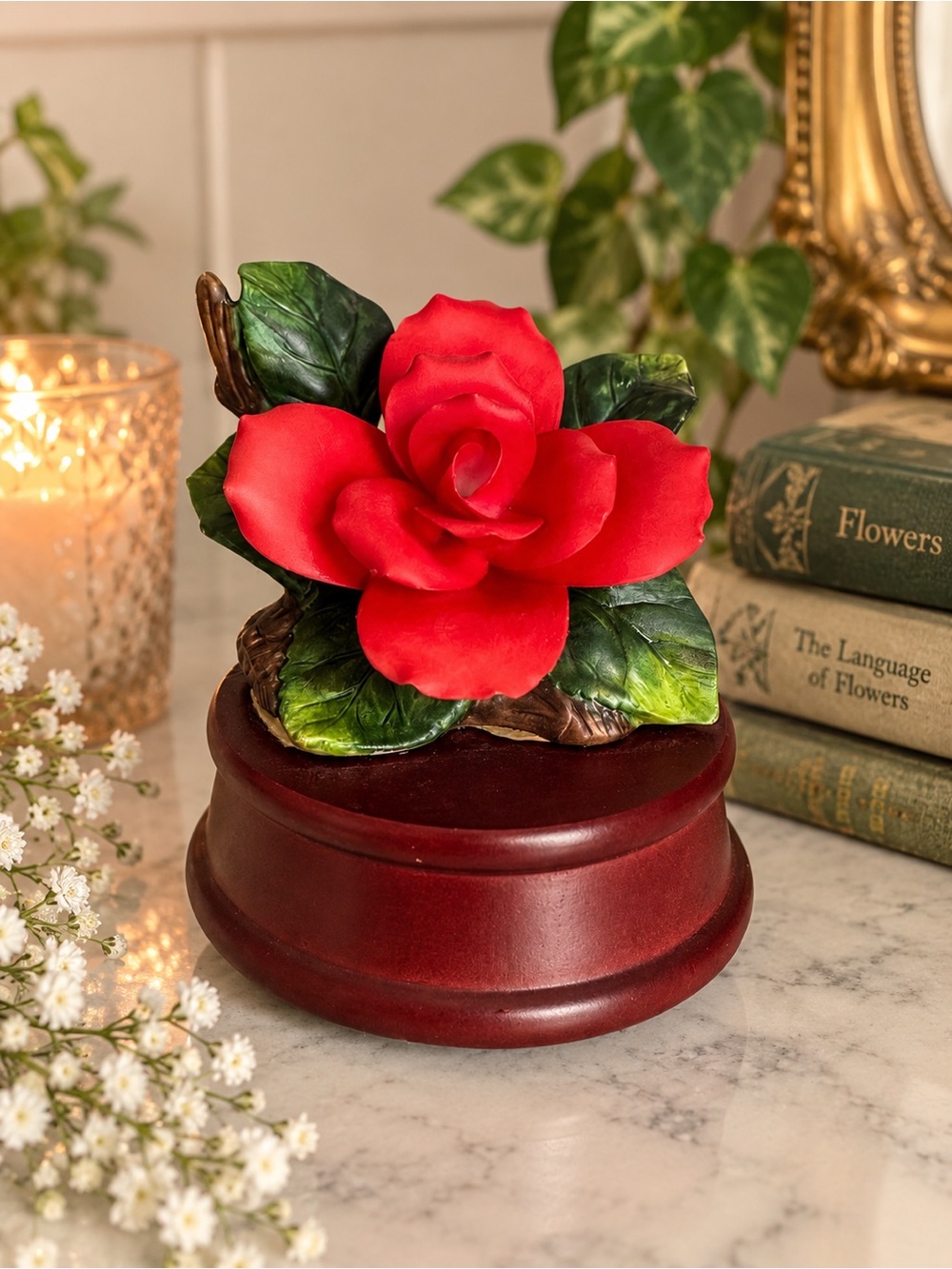 Vintage Red Rose Music Box Wind Beneath My Wings